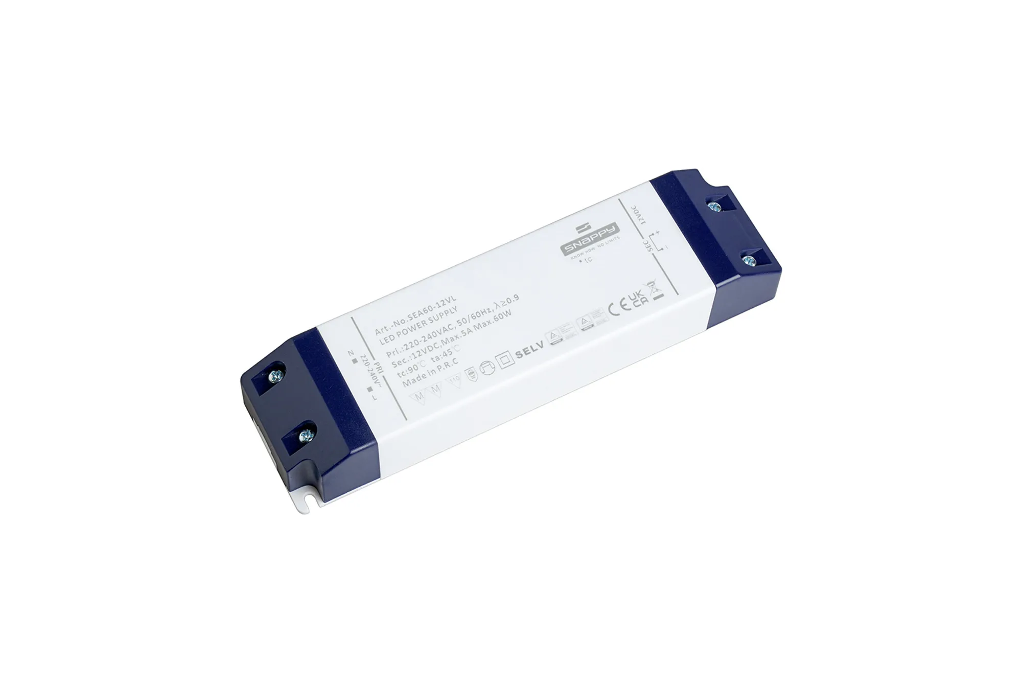 SEA60-12VL  SEA, 60W, Constant Voltage Non Dimmable PC LED Driver,12VDC,  IP20, Screw Connection, 5yrs Warranty.